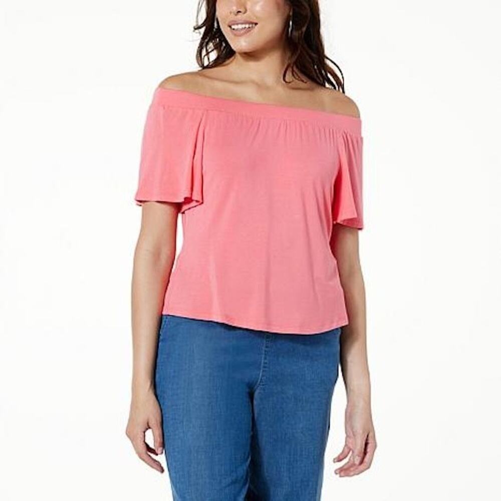 New G by Giuliana Shirt Womens Sz XXS Pink Off-the-Shoulder EcoLuxe Knit